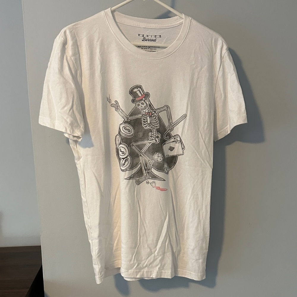 Lucky Brand White Tee with Skeleton Poker Graphic NWOT